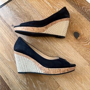 COLE HAAN Size 9 PATRICIA Black Nubuck Open Toe Espadrille Wedge Heels Shoes